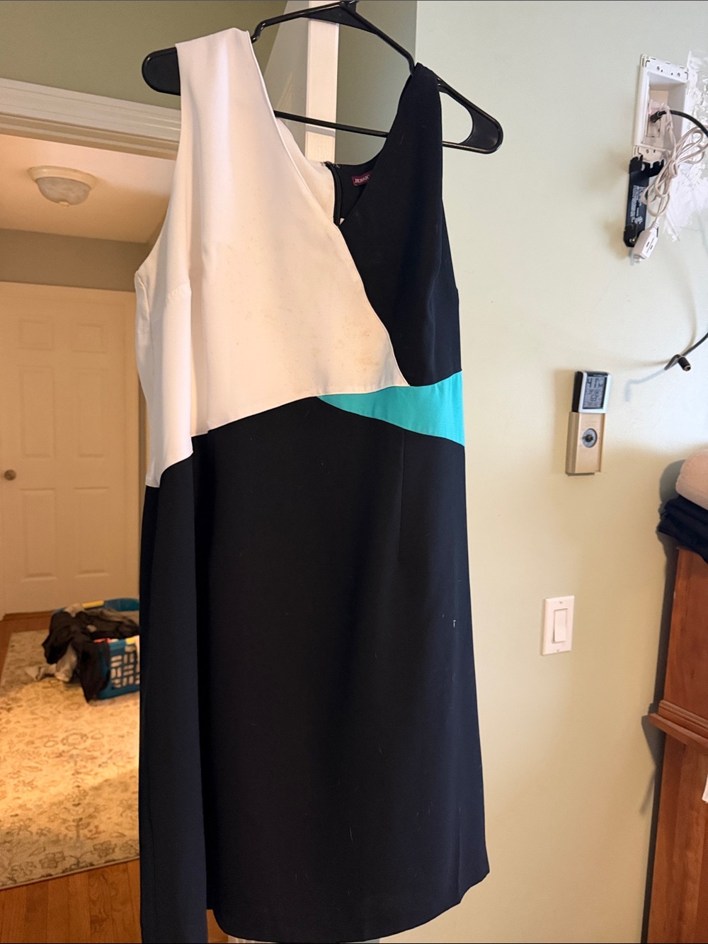 Jessica London Black, White & Teal Colorblock V-Neck Midi Dress